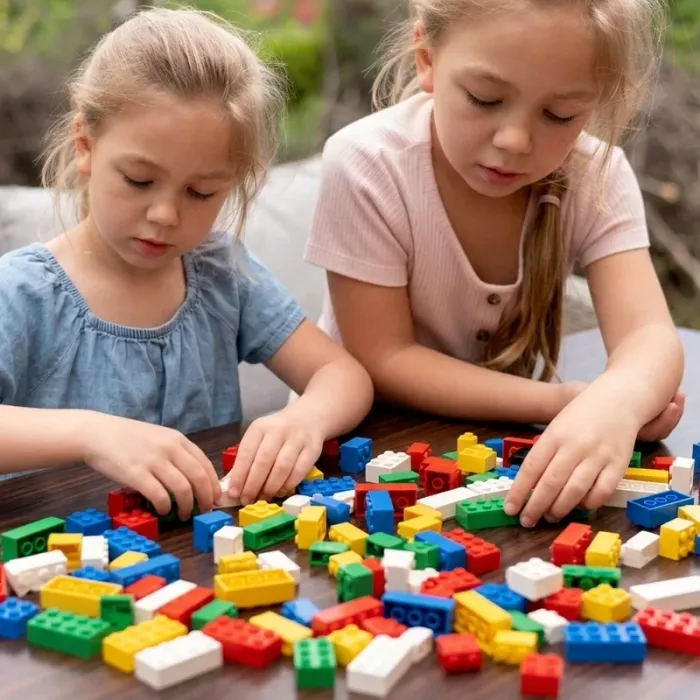 Two children building with colourful LEGO bricks at a table